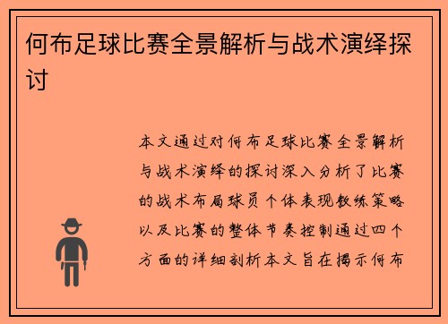 何布足球比赛全景解析与战术演绎探讨